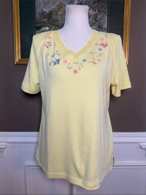 Vintage Koret Francisca‎ Butter Yellow Embroidered Lace Tee Cottagecore S